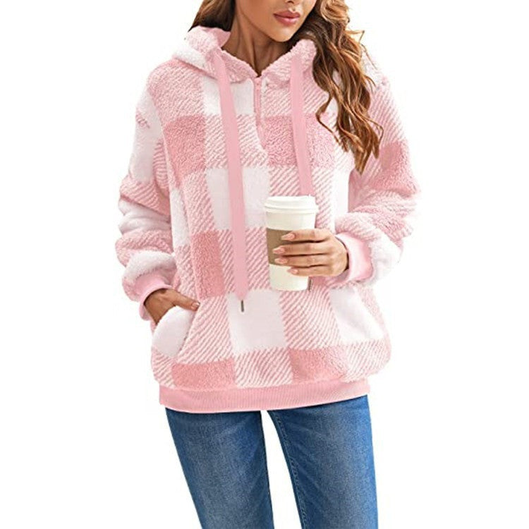 Fashion Plaid Hooded Sweatshirt With Pockets  with Casual Zipper