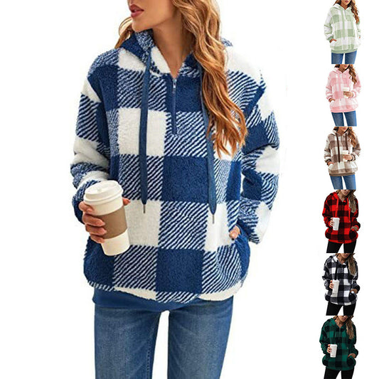 Fashion Plaid Hooded Sweatshirt With Pockets  with Casual Zipper