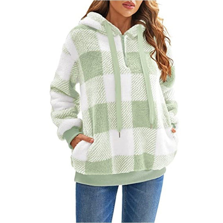 Fashion Plaid Hooded Sweatshirt With Pockets  with Casual Zipper