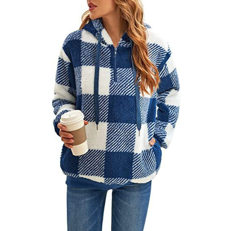 Fashion Plaid Hooded Sweatshirt With Pockets  with Casual Zipper