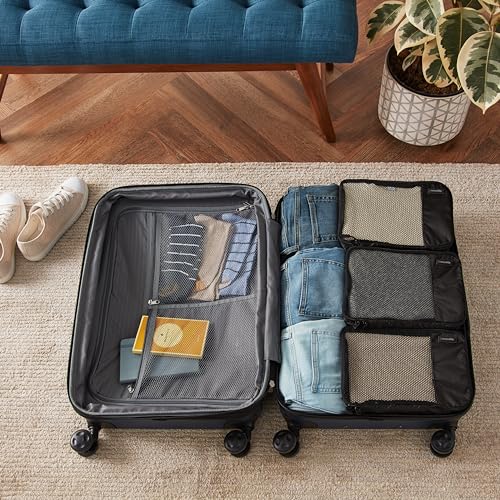 Amazon Basics Lightweight Packing Cubes for Travel, 4 Piece Set With Double Zipper Pulls and Mesh Top Panel, 100% Durable Polyester, Small, Medium, Large, and Slim, Gray