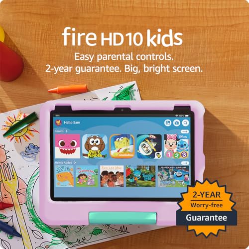 Amazon Fire 10 HD Kids tablet (newest model) ages 3-7 | Bright 10.1" HD screen with ad-free content and parental controls included, 13-hr battery, 32 GB, Pink