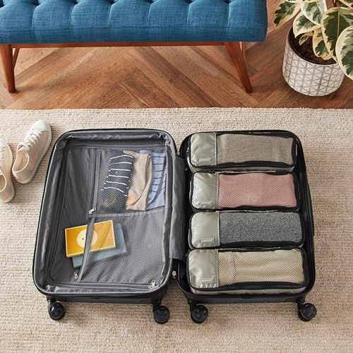 Amazon Basics Lightweight Packing Cubes for Travel, 4 Piece Set With Double Zipper Pulls and Mesh Top Panel, 100% Durable Polyester, Small, Medium, Large, and Slim, Gray