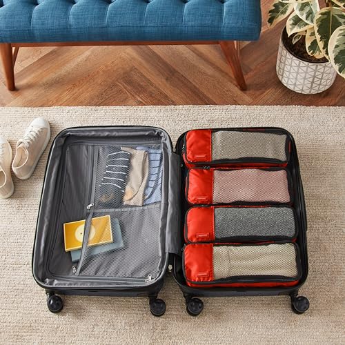 Amazon Basics Lightweight Packing Cubes for Travel, 4 Piece Set With Double Zipper Pulls and Mesh Top Panel, 100% Durable Polyester, Small, Medium, Large, and Slim, Gray