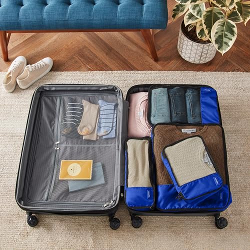 Amazon Basics Lightweight Packing Cubes for Travel, 4 Piece Set With Double Zipper Pulls and Mesh Top Panel, 100% Durable Polyester, Small, Medium, Large, and Slim, Gray