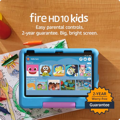 Amazon Fire 10 HD Kids tablet (newest model) ages 3-7 | Bright 10.1" HD screen with ad-free content and parental controls included, 13-hr battery, 32 GB, Pink