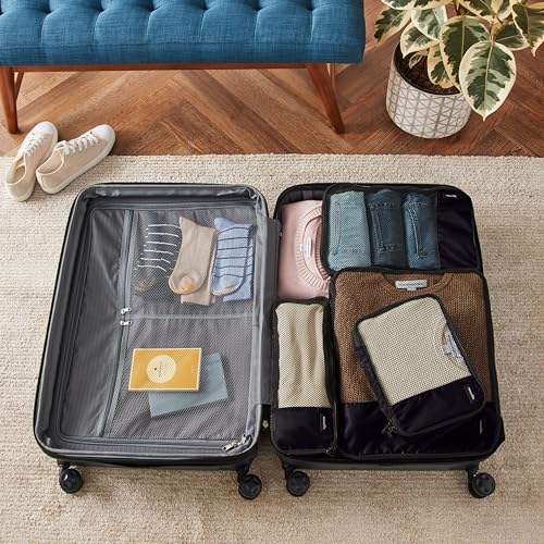 Amazon Basics Lightweight Packing Cubes for Travel, 4 Piece Set With Double Zipper Pulls and Mesh Top Panel, 100% Durable Polyester, Small, Medium, Large, and Slim, Gray