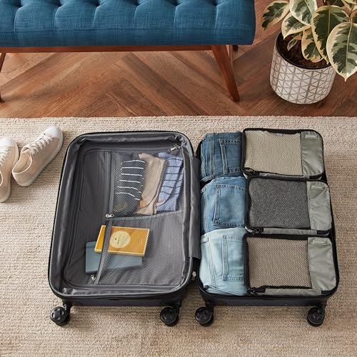 Amazon Basics Lightweight Packing Cubes for Travel, 4 Piece Set With Double Zipper Pulls and Mesh Top Panel, 100% Durable Polyester, Small, Medium, Large, and Slim, Gray