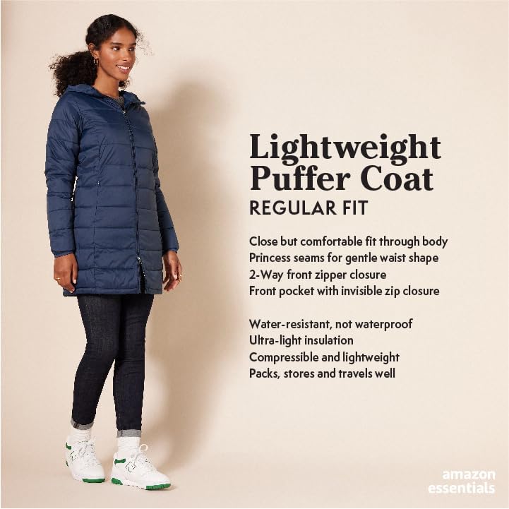 Amazon Essentials Women's Lightweight Water-Resistant Hooded Puffer Coat (Available in Plus Size)