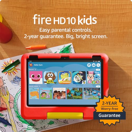 Amazon Fire 10 HD Kids tablet (newest model) ages 3-7 | Bright 10.1" HD screen with ad-free content and parental controls included, 13-hr battery, 32 GB, Pink