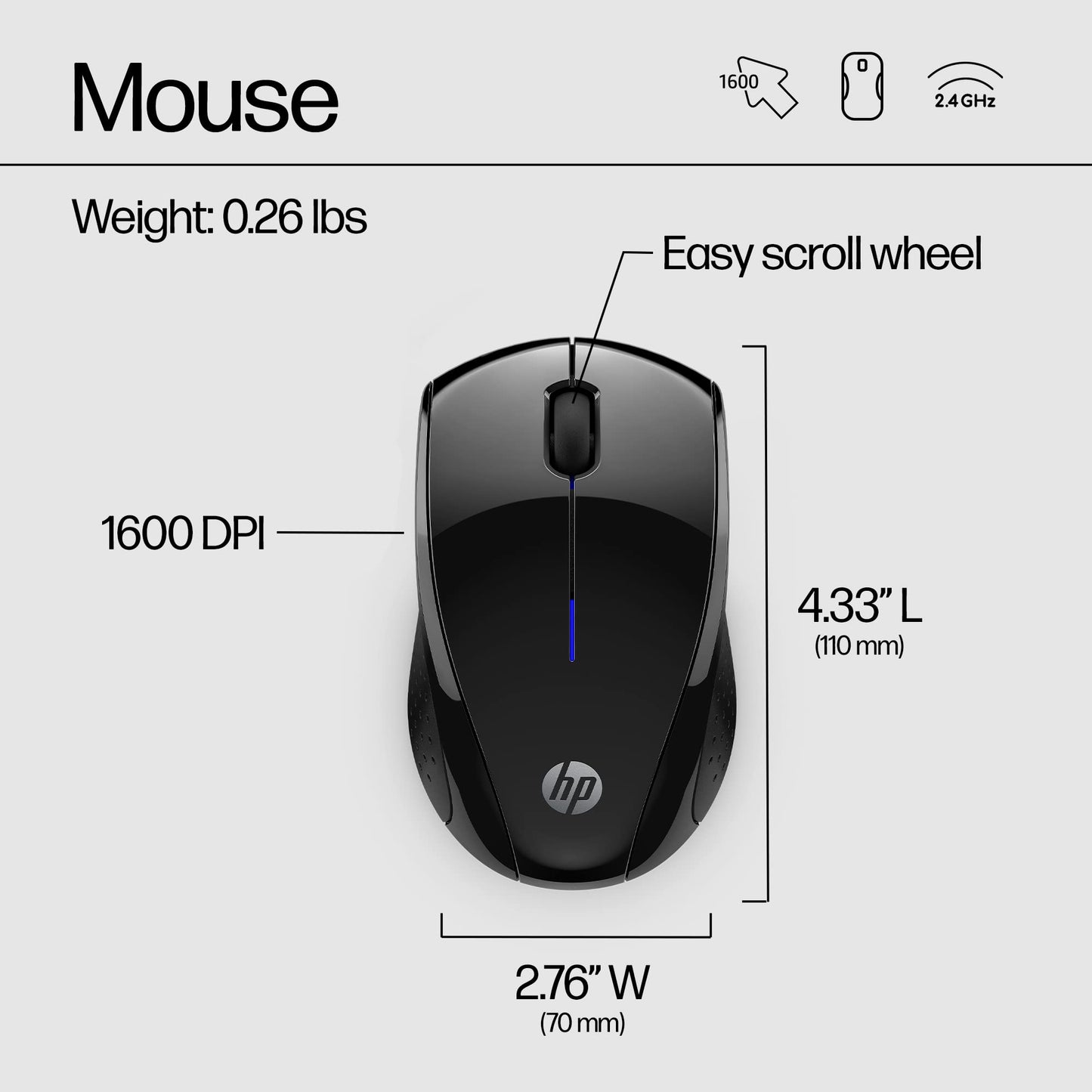 HP Wireless Mouse - Black, 15-Month Battery, 1600 DPI Sensor, Side Grips - for PC/Laptop, Mac, Chromebook