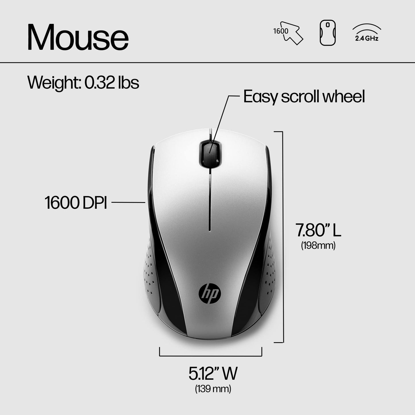 HP Wireless Mouse - Black, 15-Month Battery, 1600 DPI Sensor, Side Grips - for PC/Laptop, Mac, Chromebook