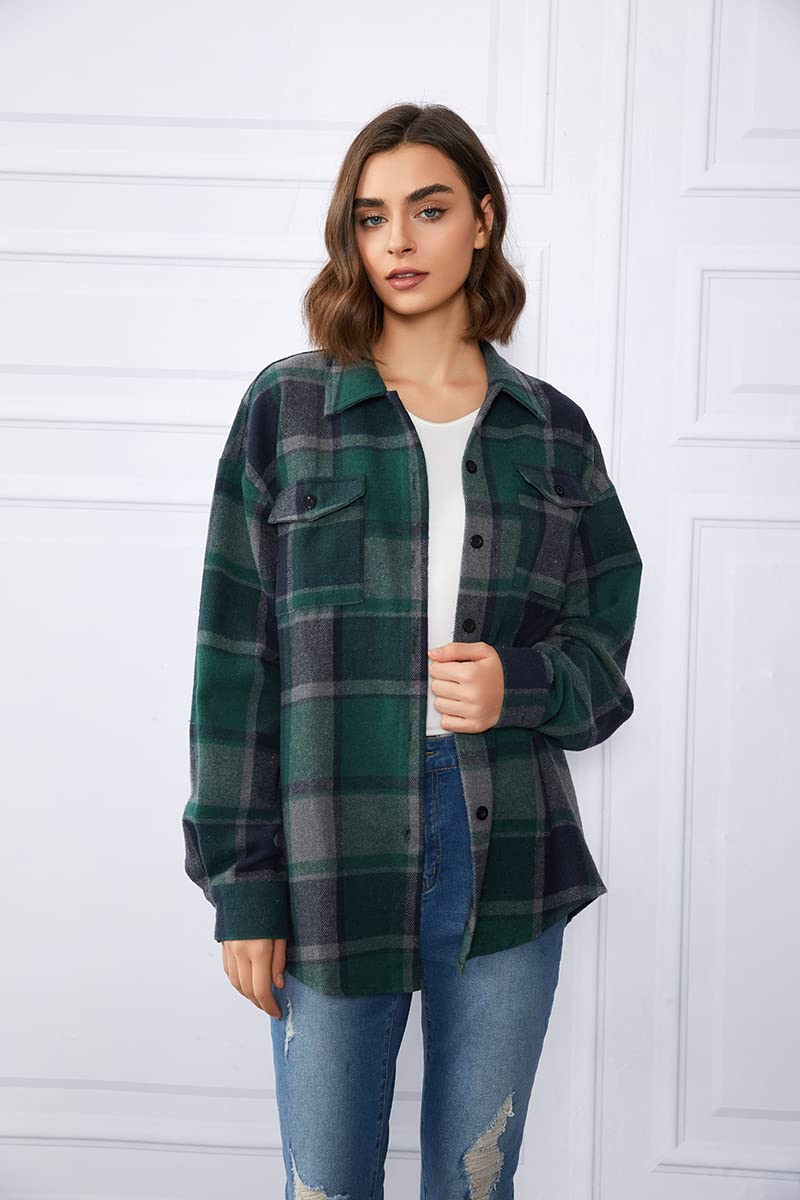 Trendy Queen Womens Flannel Shacket Casual Jacket Plaid Button Down Long Sleeve Shirt Fall Winter Outfits