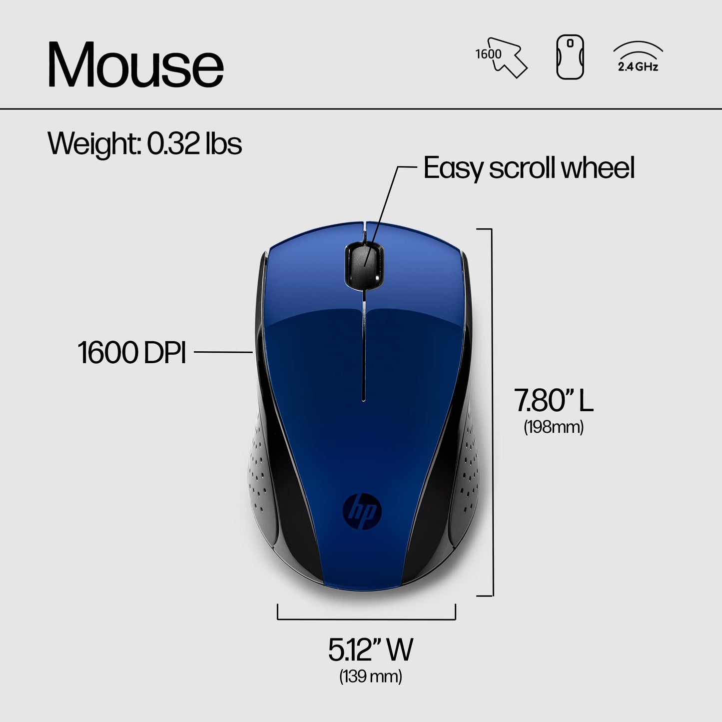 HP Wireless Mouse - Black, 15-Month Battery, 1600 DPI Sensor, Side Grips - for PC/Laptop, Mac, Chromebook