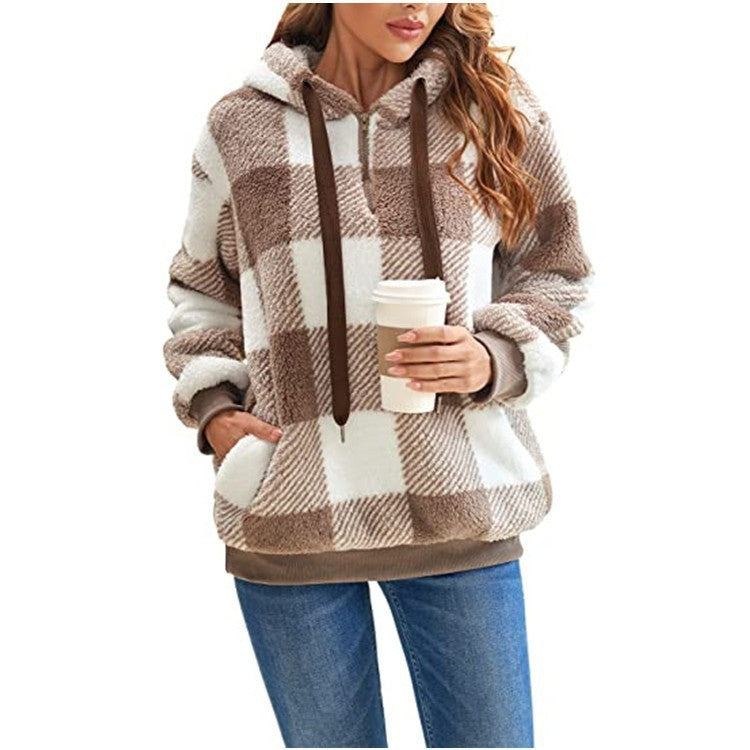 Fashion Plaid Hooded Sweatshirt With Pockets  with Casual Zipper