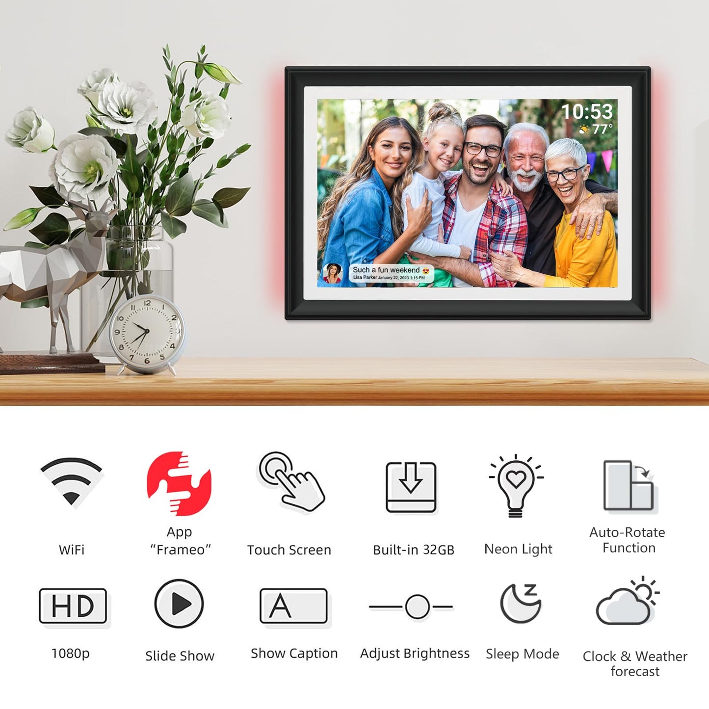 32GB FRAMEO 10.1 Inch Smart WiFi Digital Photo Frame 1280x800 IPS LCD Touch Screen, Auto-Rotate Portrait and Landscape, Built in 32GB Memory, Share Moments Instantly via Frameo App from Anywhere