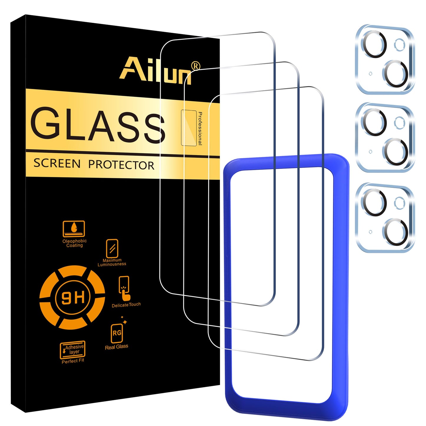 Ailun 3 Pack Screen Protector for iPhone 15 Pro Max [6.7 inch] + 3 Pack Camera Lens Protector with Installation Frame,Sensor Protection,Dynamic Island Compatible,Case Friendly Tempered Glass Film