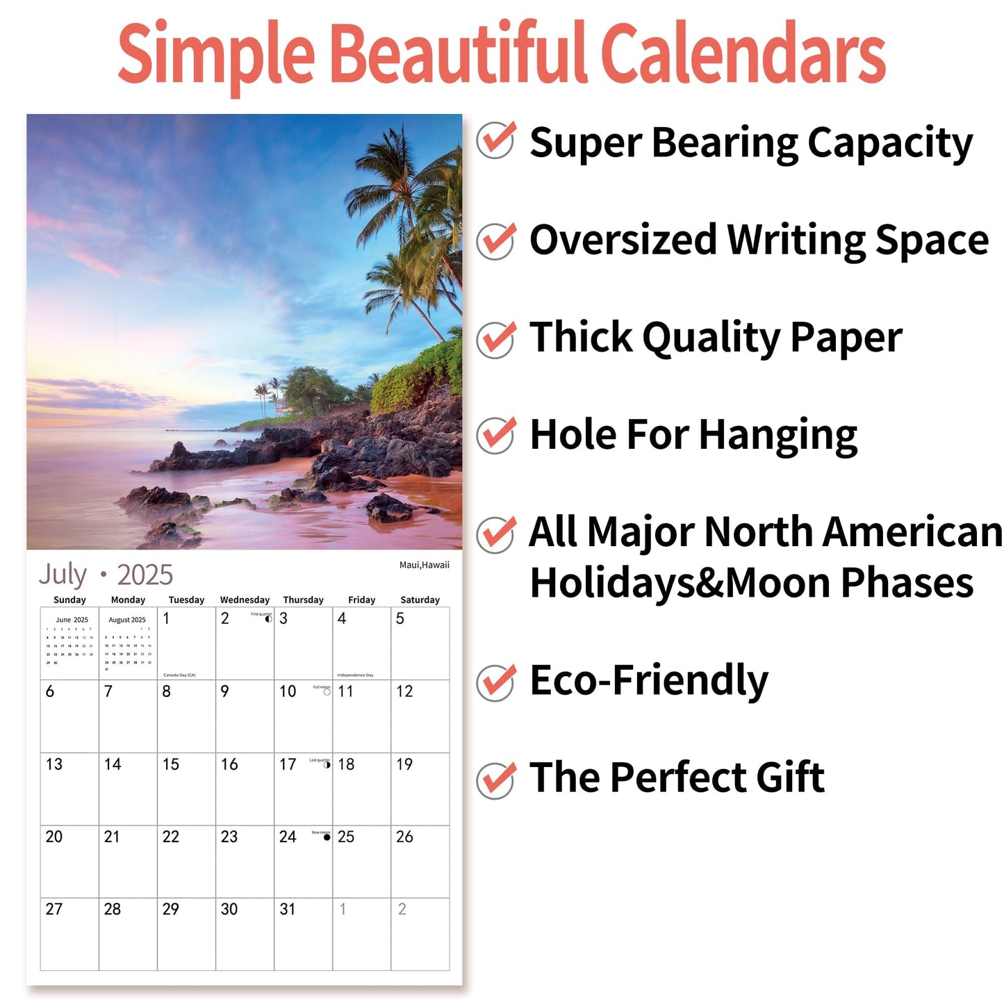 2025 Wall Calendar,Calendar 2025, November 2024 - December 2025, Wall Calendar BEACHES, 12" x 24" Opened,Full Page Months Thick & Sturdy Paper for Calendar Organizing & Planning