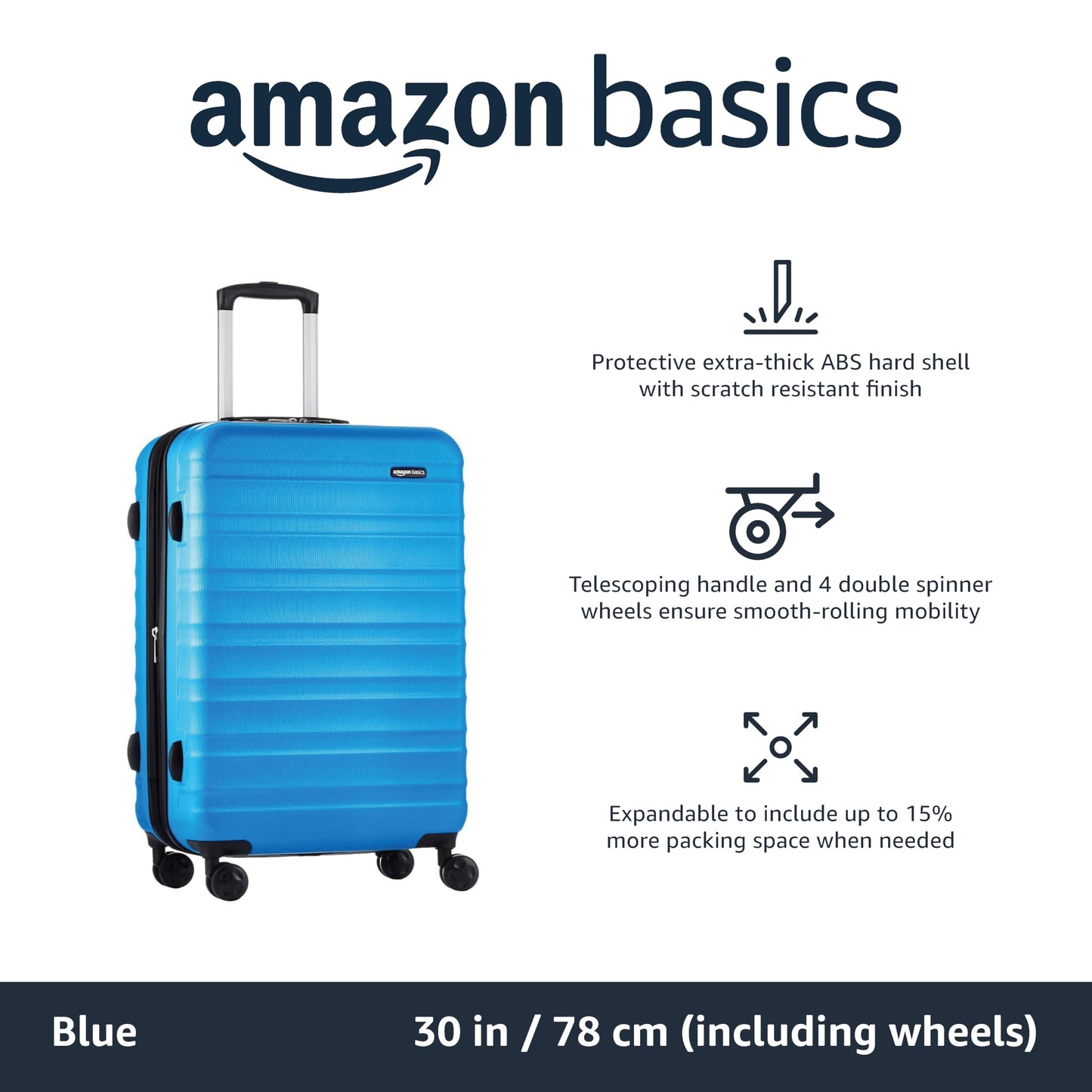 Amazon Basics Suitcase, Hardside Luggage with Spinner Wheels, Scratch-Resistant Surface, Light Blue, 30-Inch