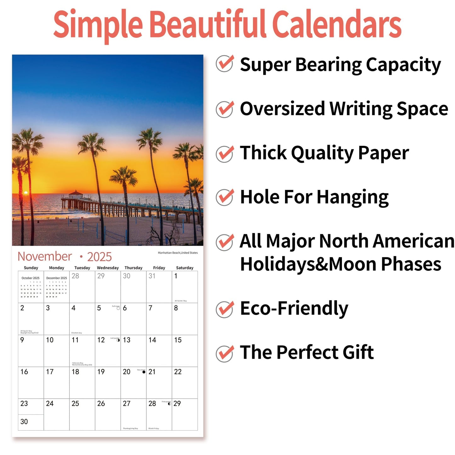 2025 Wall Calendar,Calendar 2025, November 2024 - December 2025, Wall Calendar BEACHES, 12" x 24" Opened,Full Page Months Thick & Sturdy Paper for Calendar Organizing & Planning