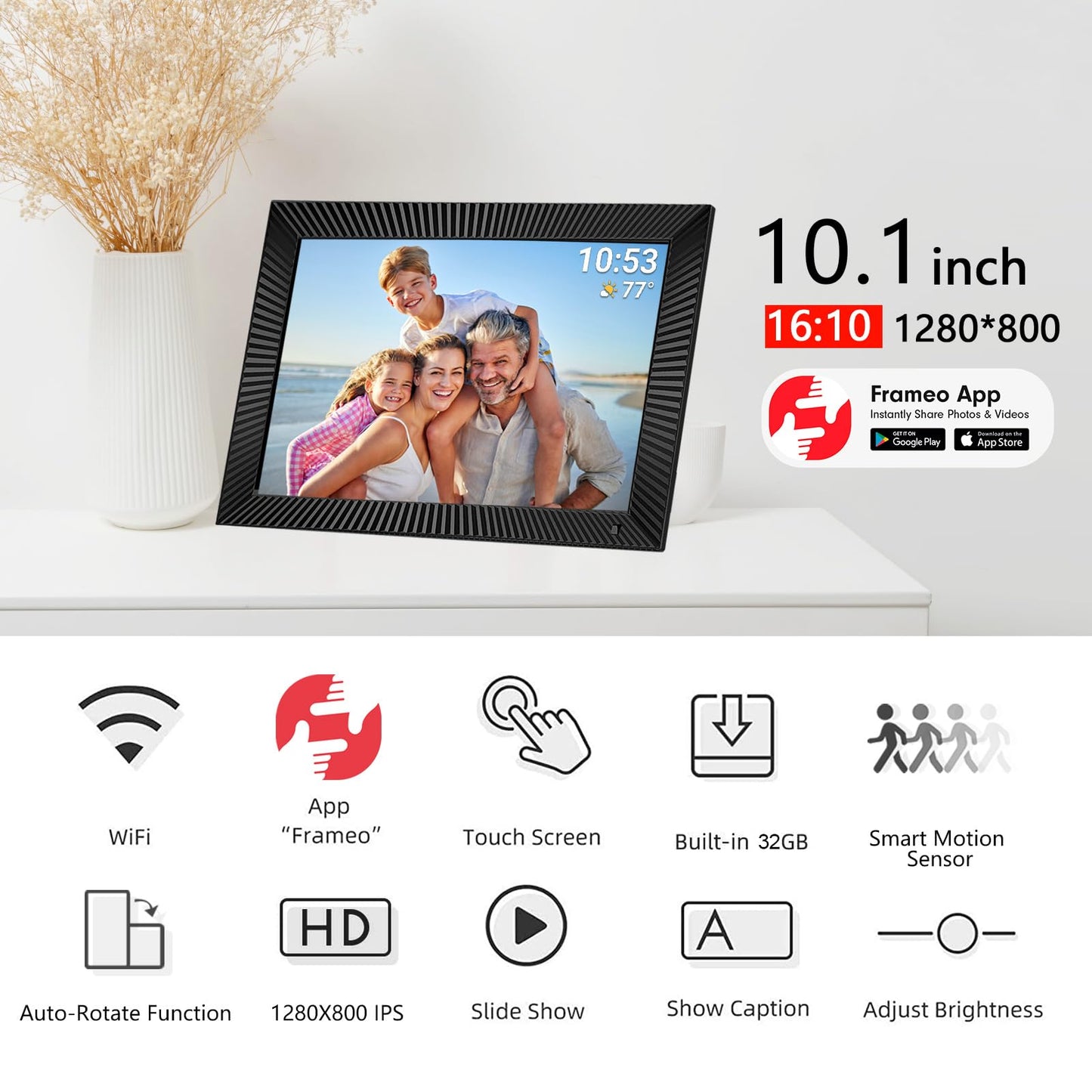 32GB FRAMEO 10.1 Inch Smart WiFi Digital Photo Frame 1280x800 IPS LCD Touch Screen, Auto-Rotate Portrait and Landscape, Built in 32GB Memory, Share Moments Instantly via Frameo App from Anywhere