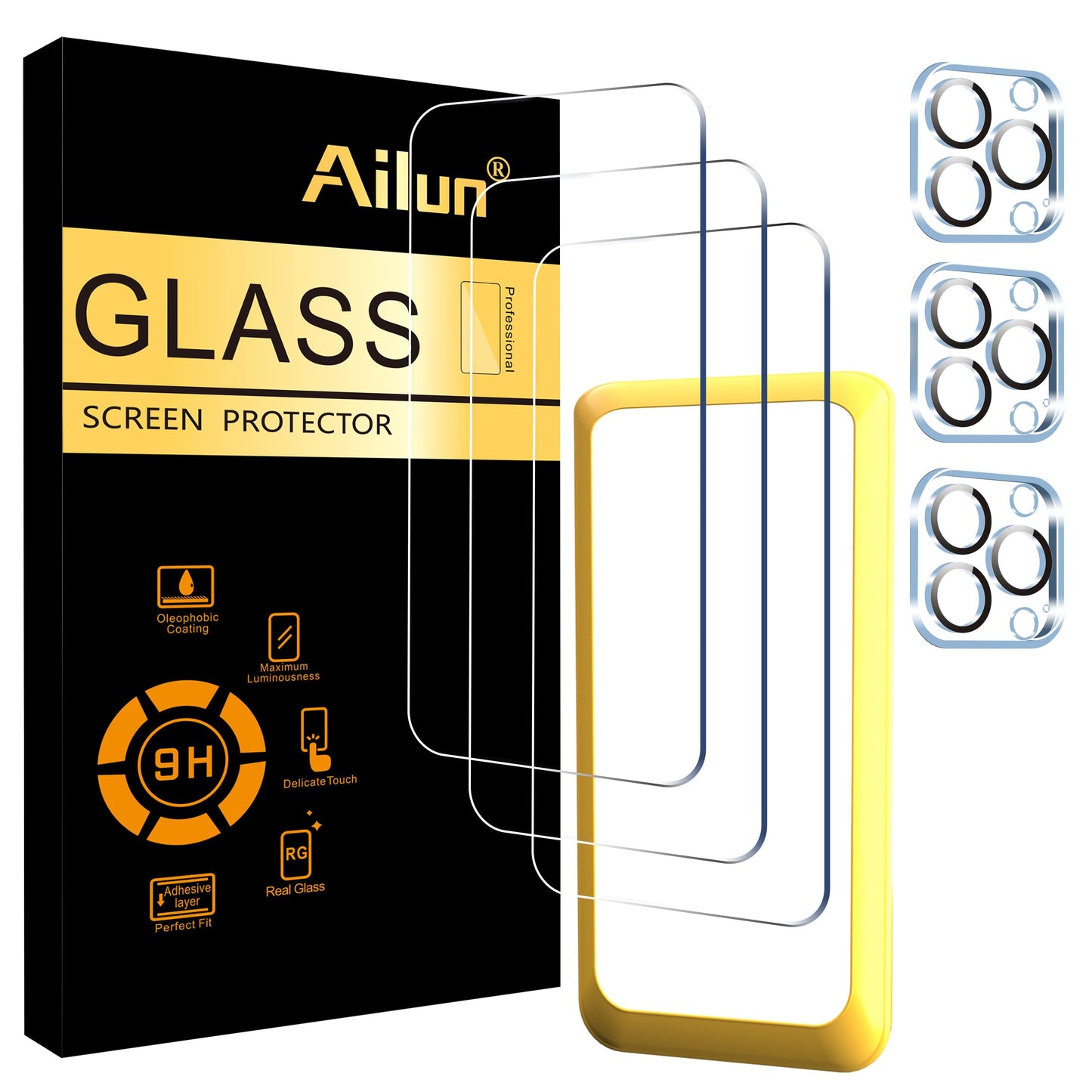 Ailun 3 Pack Screen Protector for iPhone 15 Pro Max [6.7 inch] + 3 Pack Camera Lens Protector with Installation Frame,Sensor Protection,Dynamic Island Compatible,Case Friendly Tempered Glass Film