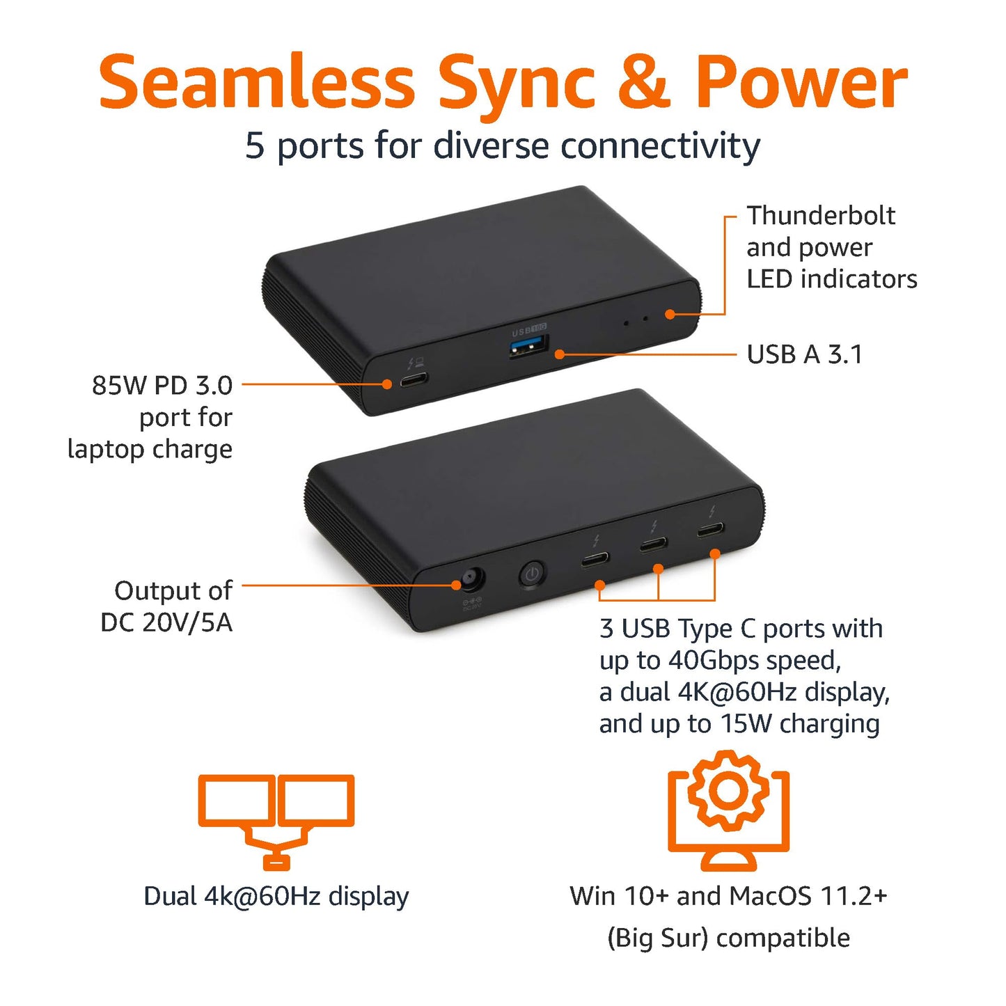 Amazon Basics Thunderbolt4/USB4 Docking Station, 3X Downstream TBT4 (Dual Display), 1xUSB A 3.1, Black, ‎4.76 x 2.84 x 0.86 inches