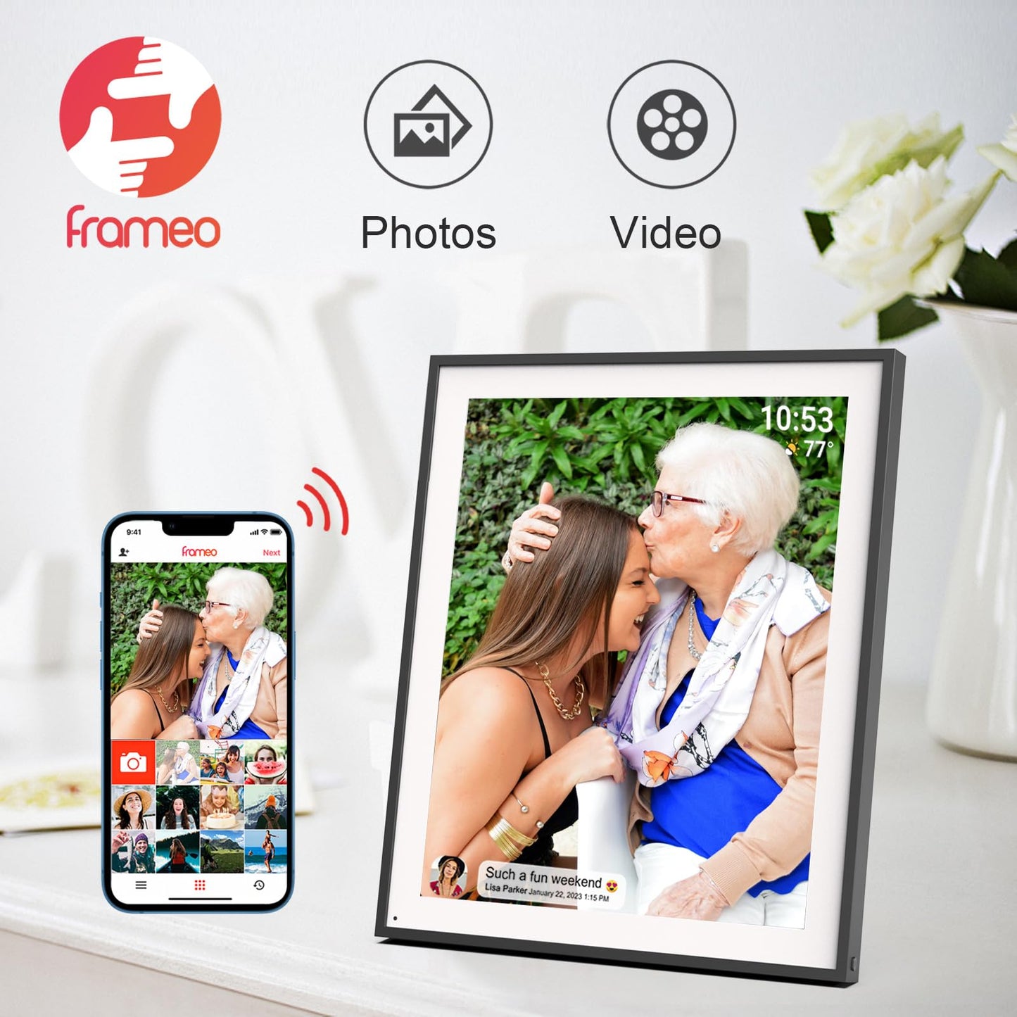 32GB FRAMEO 10.1 Inch Smart WiFi Digital Photo Frame 1280x800 IPS LCD Touch Screen, Auto-Rotate Portrait and Landscape, Built in 32GB Memory, Share Moments Instantly via Frameo App from Anywhere