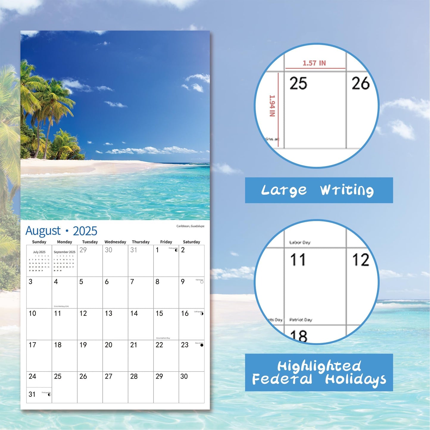 2025 Wall Calendar,Calendar 2025, November 2024 - December 2025, Wall Calendar BEACHES, 12" x 24" Opened,Full Page Months Thick & Sturdy Paper for Calendar Organizing & Planning