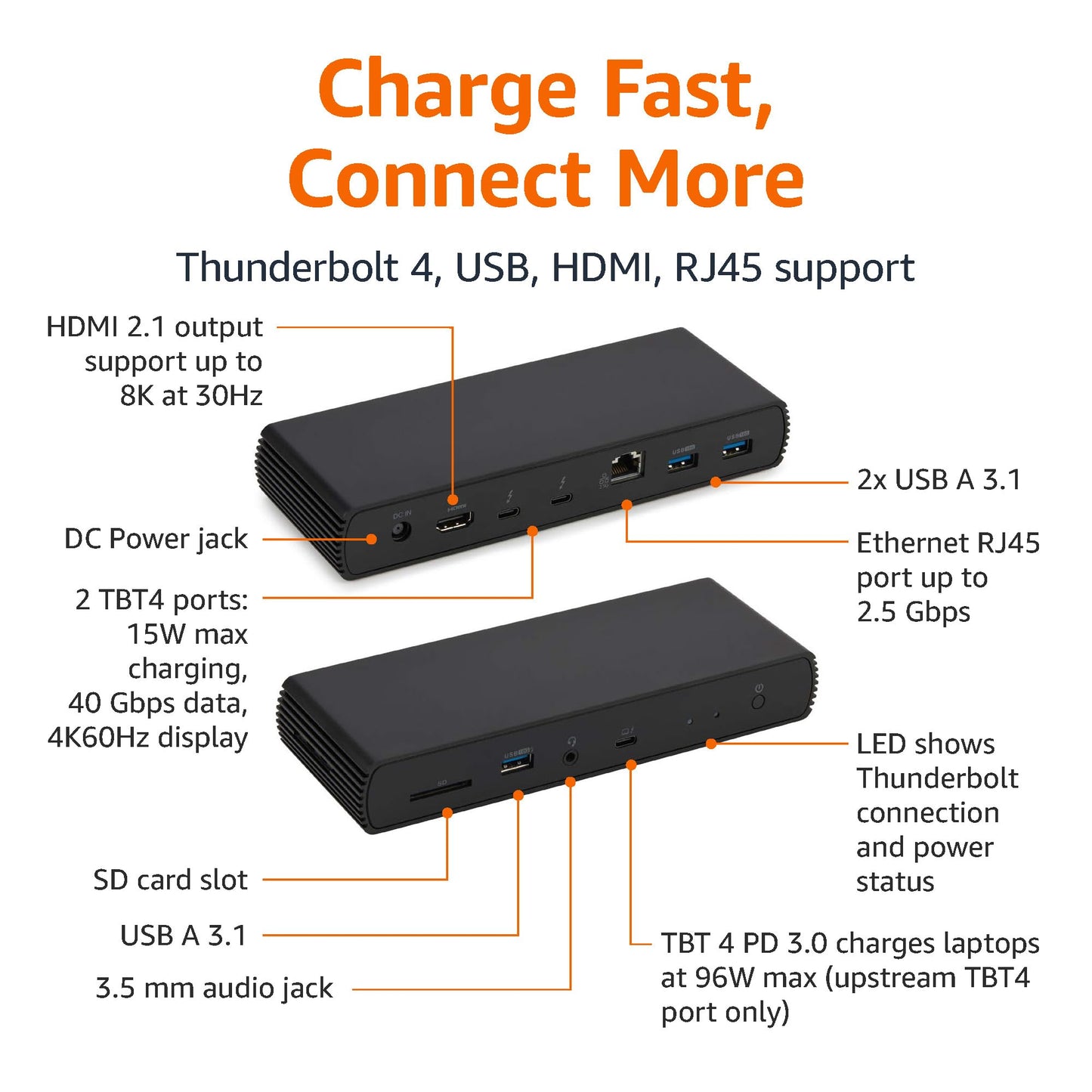 Amazon Basics Thunderbolt4/USB4 Docking Station, 3X Downstream TBT4 (Dual Display), 1xUSB A 3.1, Black, ‎4.76 x 2.84 x 0.86 inches