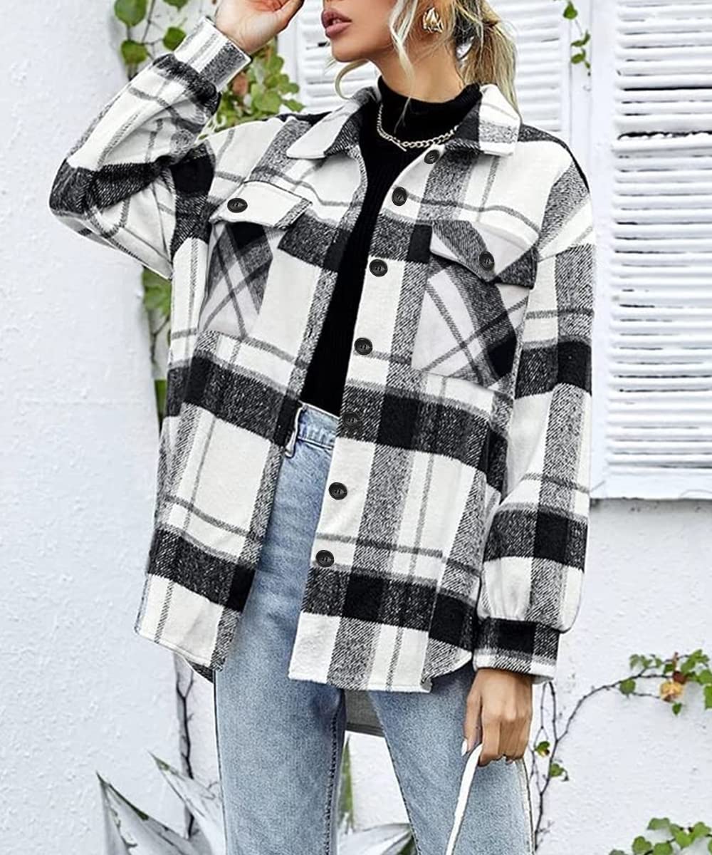 Trendy Queen Womens Flannel Shacket Casual Jacket Plaid Button Down Long Sleeve Shirt Fall Winter Outfits