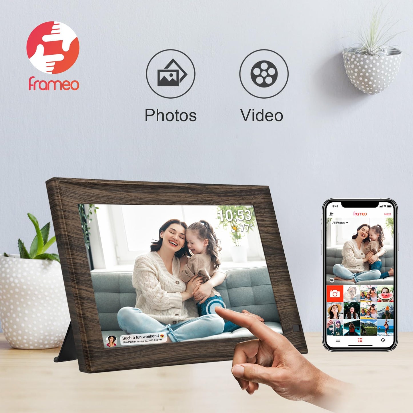 32GB FRAMEO 10.1 Inch Smart WiFi Digital Photo Frame 1280x800 IPS LCD Touch Screen, Auto-Rotate Portrait and Landscape, Built in 32GB Memory, Share Moments Instantly via Frameo App from Anywhere