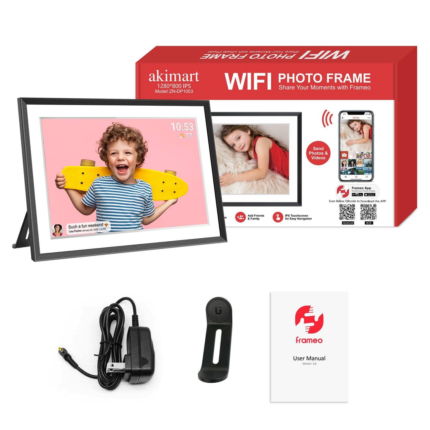 32GB FRAMEO 10.1 Inch Smart WiFi Digital Photo Frame 1280x800 IPS LCD Touch Screen, Auto-Rotate Portrait and Landscape, Built in 32GB Memory, Share Moments Instantly via Frameo App from Anywhere