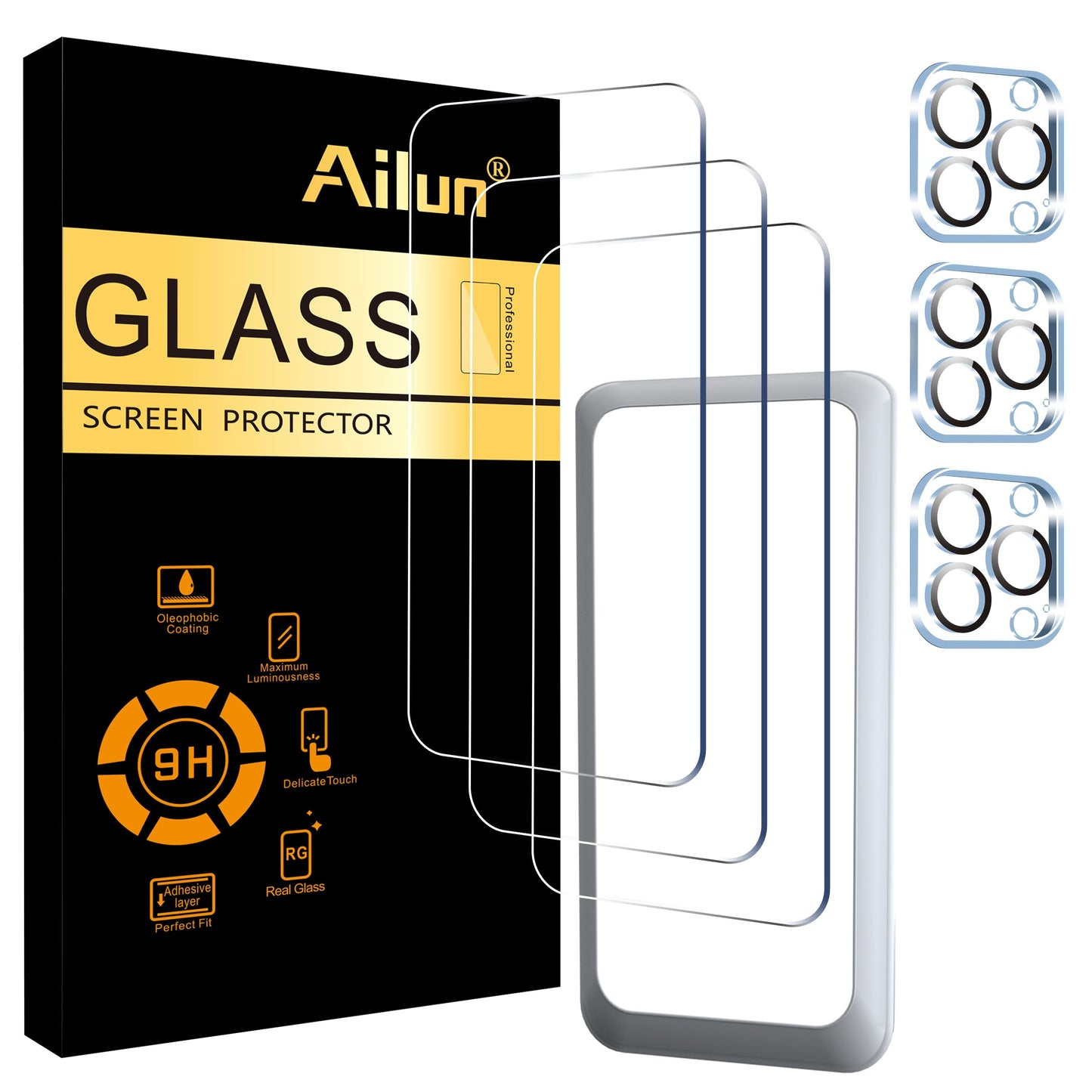 Ailun 3 Pack Screen Protector for iPhone 15 Pro Max [6.7 inch] + 3 Pack Camera Lens Protector with Installation Frame,Sensor Protection,Dynamic Island Compatible,Case Friendly Tempered Glass Film