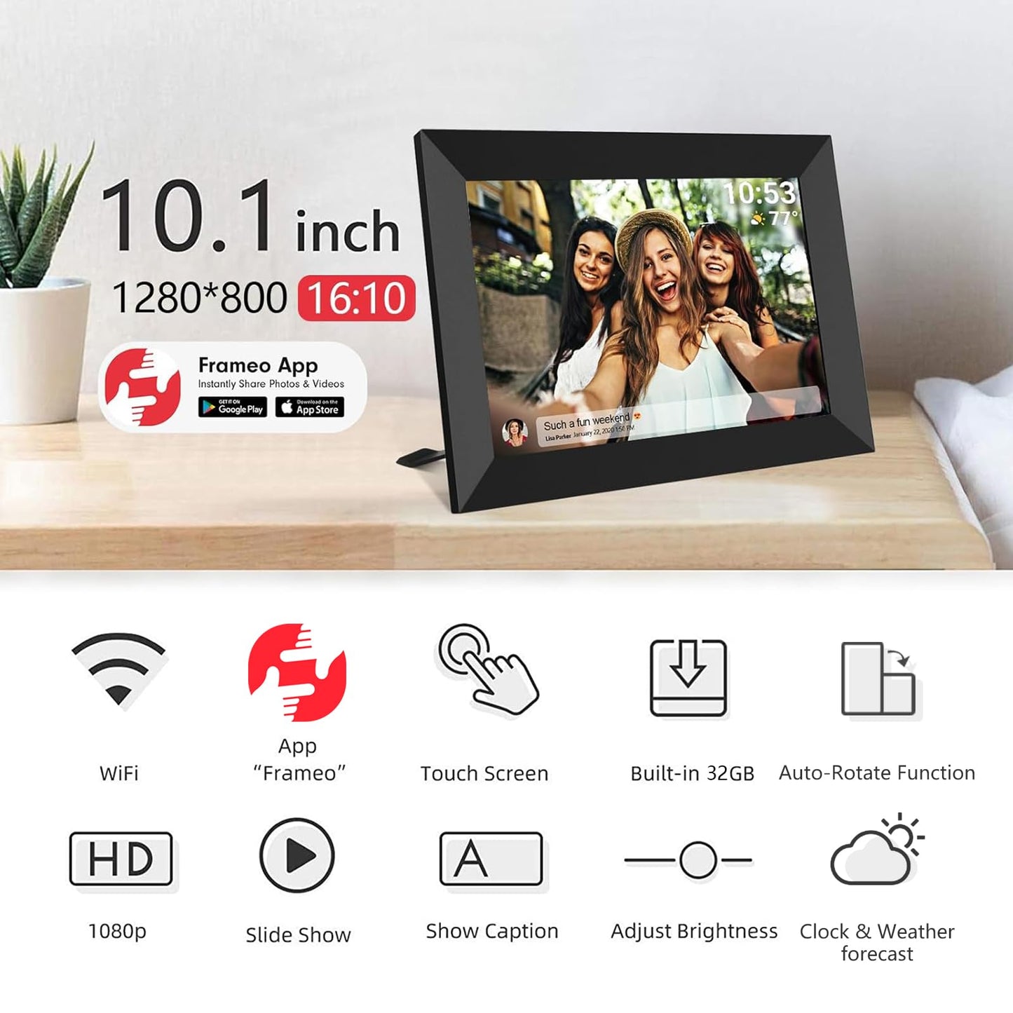 32GB FRAMEO 10.1 Inch Smart WiFi Digital Photo Frame 1280x800 IPS LCD Touch Screen, Auto-Rotate Portrait and Landscape, Built in 32GB Memory, Share Moments Instantly via Frameo App from Anywhere