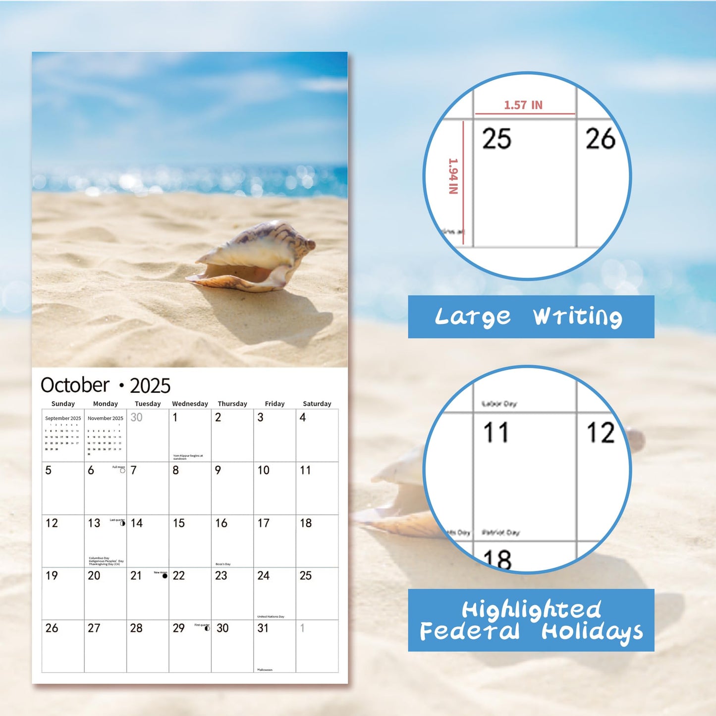 2025 Wall Calendar,Calendar 2025, November 2024 - December 2025, Wall Calendar BEACHES, 12" x 24" Opened,Full Page Months Thick & Sturdy Paper for Calendar Organizing & Planning