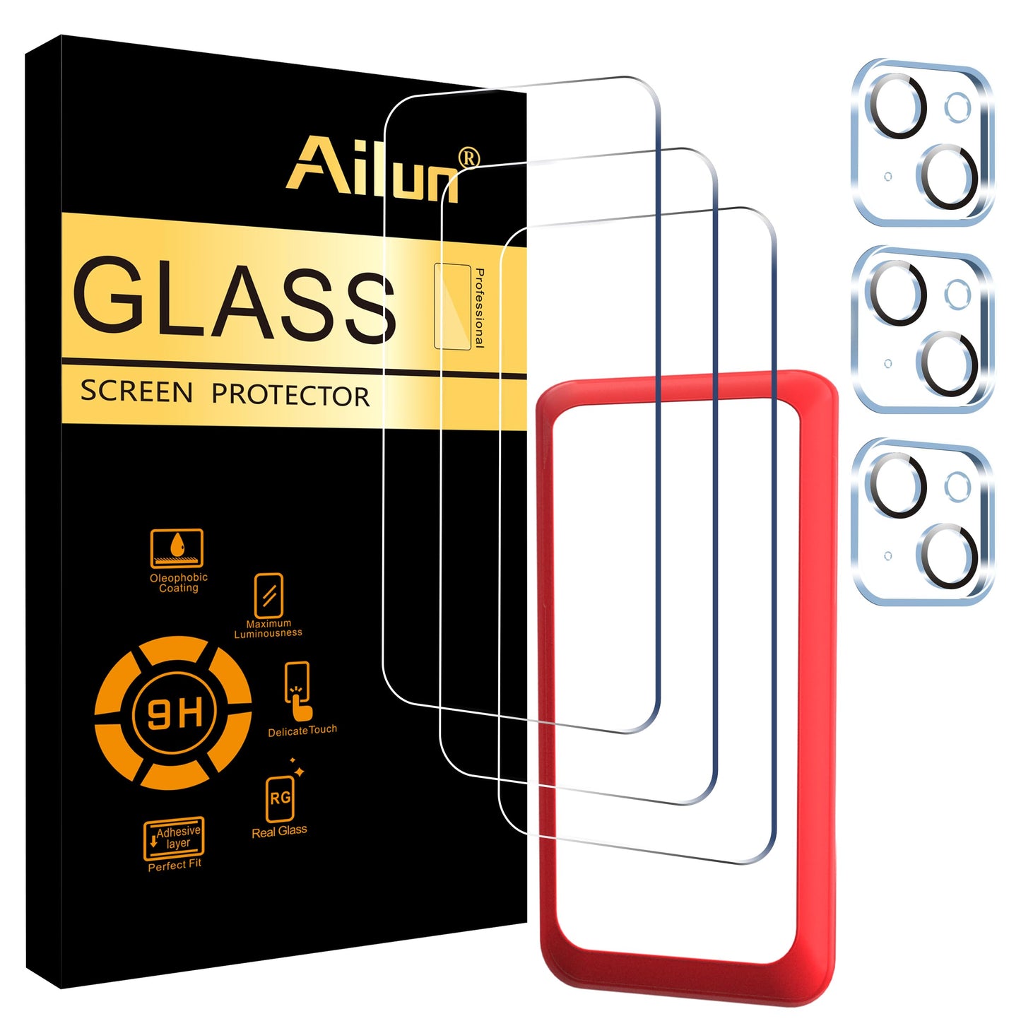 Ailun 3 Pack Screen Protector for iPhone 15 Pro Max [6.7 inch] + 3 Pack Camera Lens Protector with Installation Frame,Sensor Protection,Dynamic Island Compatible,Case Friendly Tempered Glass Film