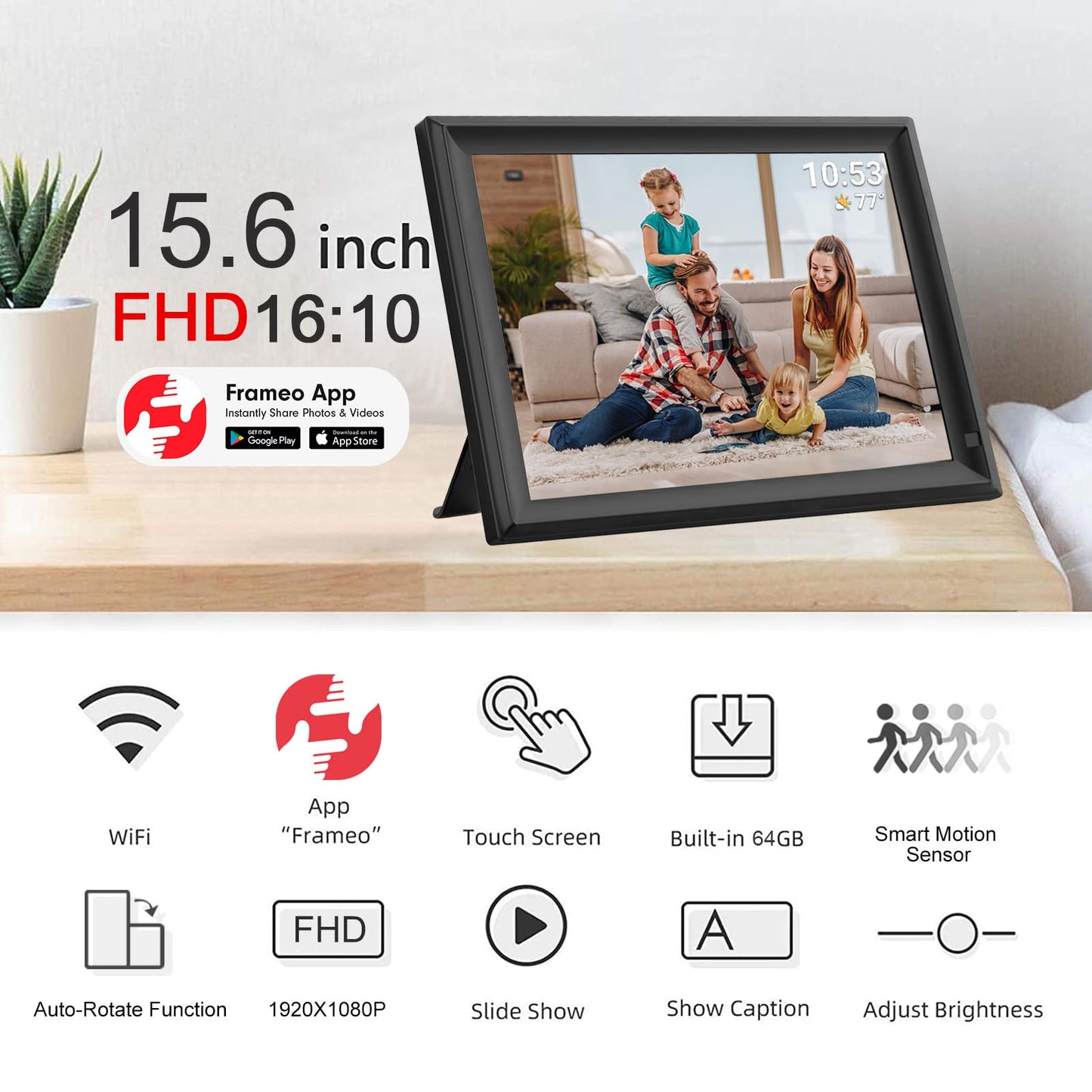 32GB FRAMEO 10.1 Inch Smart WiFi Digital Photo Frame 1280x800 IPS LCD Touch Screen, Auto-Rotate Portrait and Landscape, Built in 32GB Memory, Share Moments Instantly via Frameo App from Anywhere