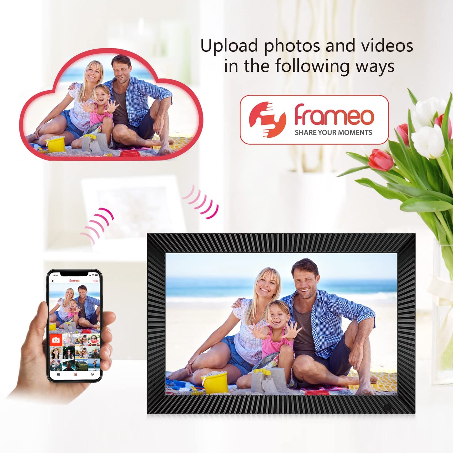 32GB FRAMEO 10.1 Inch Smart WiFi Digital Photo Frame 1280x800 IPS LCD Touch Screen, Auto-Rotate Portrait and Landscape, Built in 32GB Memory, Share Moments Instantly via Frameo App from Anywhere