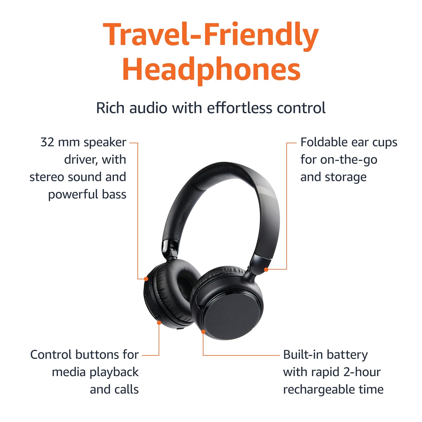 Amazon Basics Bluetooth Headphones with Microphone, Wireless, On Ear, 35 Hour Playtime, Foldable, One Size, Black