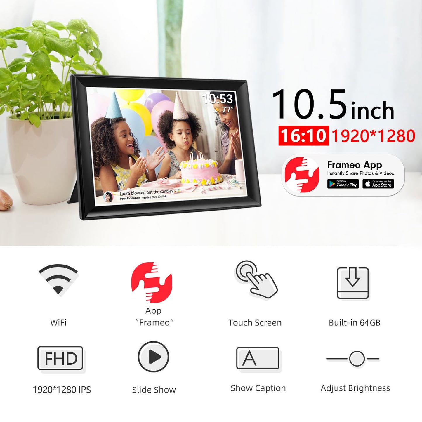 32GB FRAMEO 10.1 Inch Smart WiFi Digital Photo Frame 1280x800 IPS LCD Touch Screen, Auto-Rotate Portrait and Landscape, Built in 32GB Memory, Share Moments Instantly via Frameo App from Anywhere