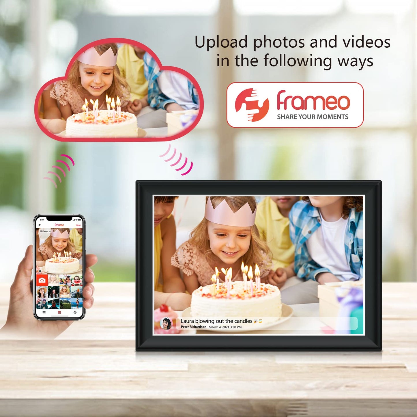 32GB FRAMEO 10.1 Inch Smart WiFi Digital Photo Frame 1280x800 IPS LCD Touch Screen, Auto-Rotate Portrait and Landscape, Built in 32GB Memory, Share Moments Instantly via Frameo App from Anywhere