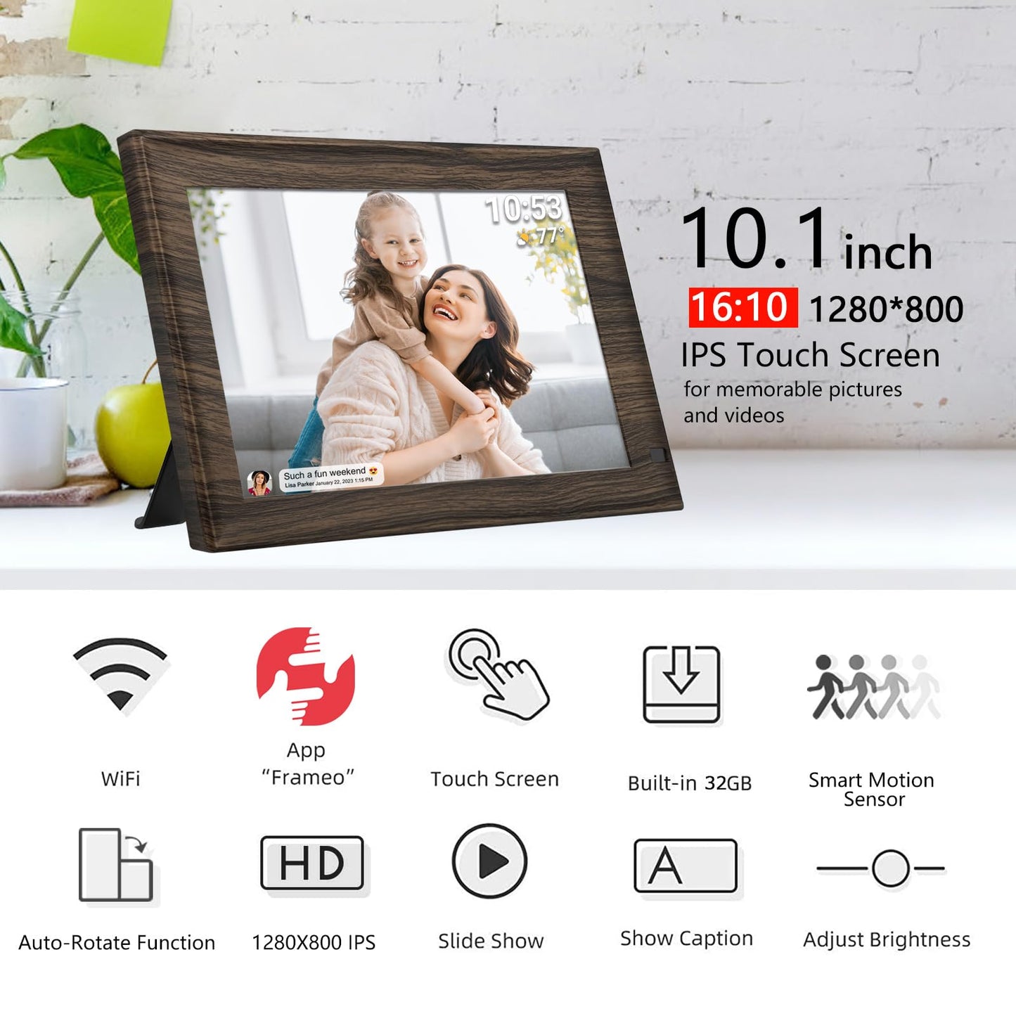 32GB FRAMEO 10.1 Inch Smart WiFi Digital Photo Frame 1280x800 IPS LCD Touch Screen, Auto-Rotate Portrait and Landscape, Built in 32GB Memory, Share Moments Instantly via Frameo App from Anywhere