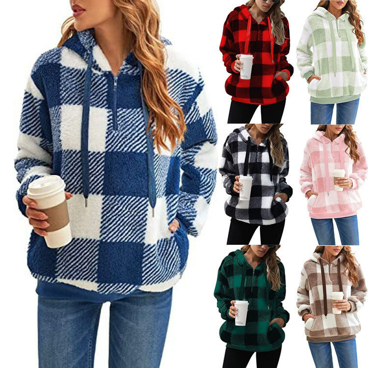 Fashion Plaid Hooded Sweatshirt With Pockets  with Casual Zipper