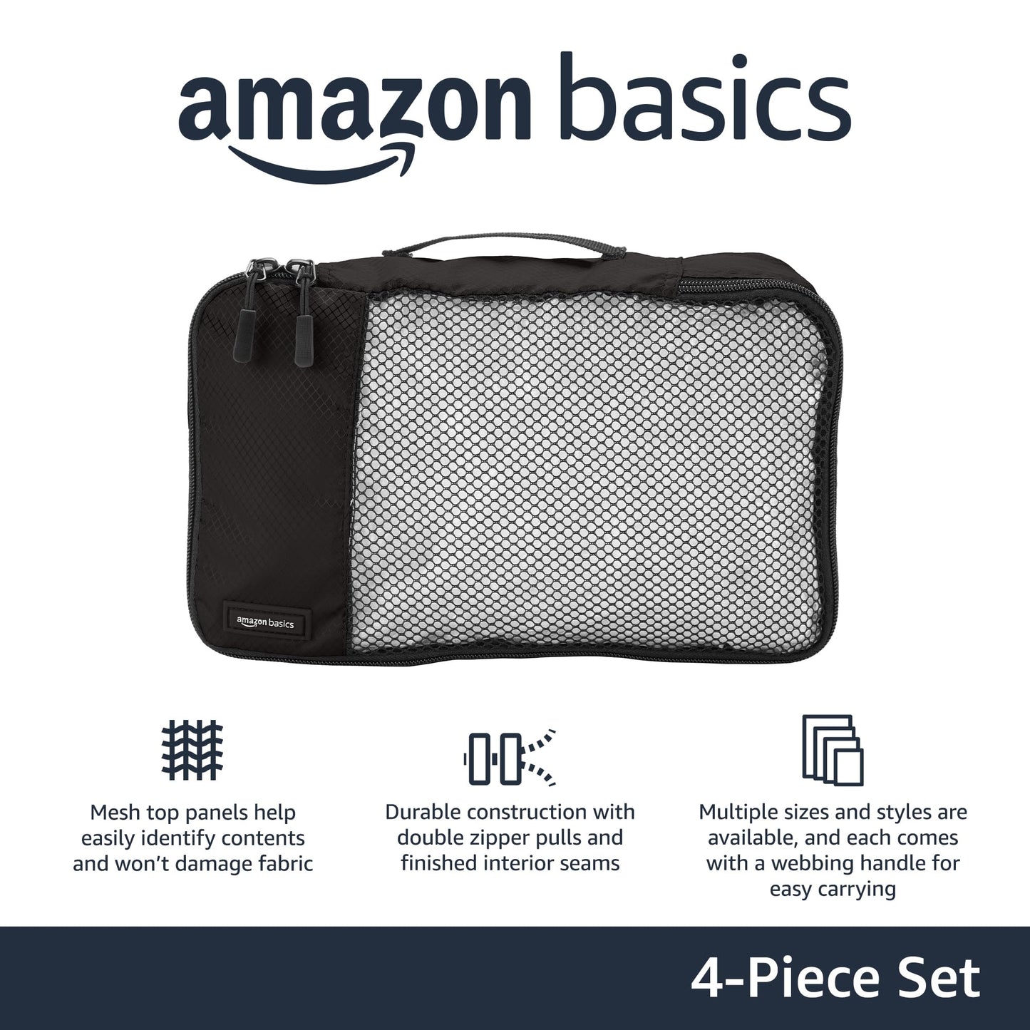 Amazon Basics Lightweight Packing Cubes for Travel, 4 Piece Set With Double Zipper Pulls and Mesh Top Panel, 100% Durable Polyester, Small, Medium, Large, and Slim, Gray