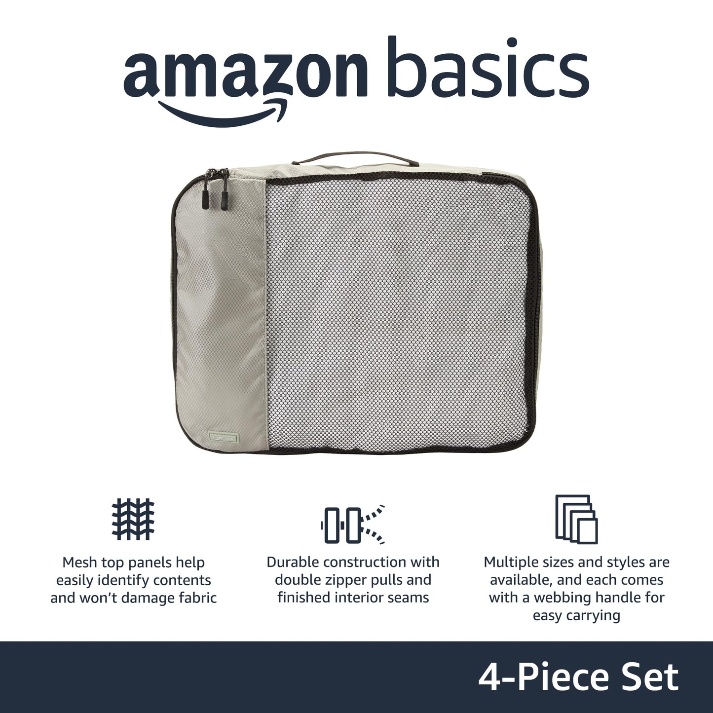 Amazon Basics Lightweight Packing Cubes for Travel, 4 Piece Set With Double Zipper Pulls and Mesh Top Panel, 100% Durable Polyester, Small, Medium, Large, and Slim, Gray