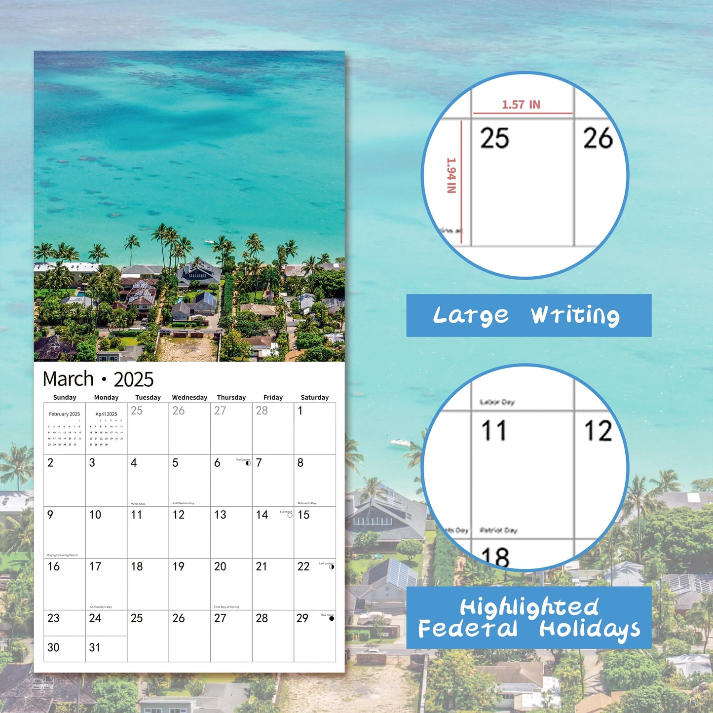 2025 Wall Calendar,Calendar 2025, November 2024 - December 2025, Wall Calendar BEACHES, 12" x 24" Opened,Full Page Months Thick & Sturdy Paper for Calendar Organizing & Planning