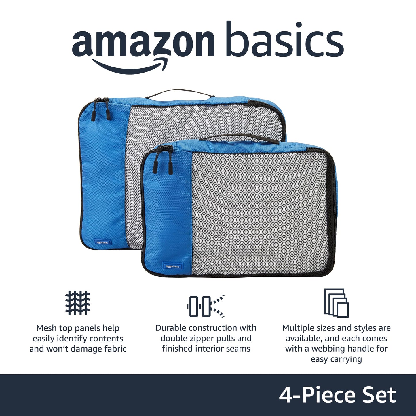 Amazon Basics Lightweight Packing Cubes for Travel, 4 Piece Set With Double Zipper Pulls and Mesh Top Panel, 100% Durable Polyester, Small, Medium, Large, and Slim, Gray