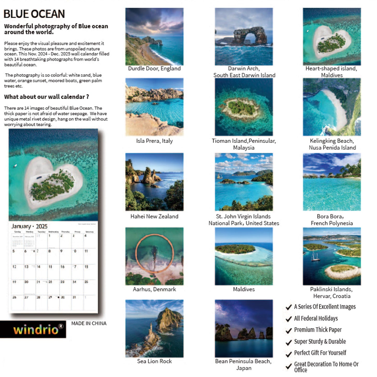 2025 Wall Calendar,Calendar 2025, November 2024 - December 2025, Wall Calendar BEACHES, 12" x 24" Opened,Full Page Months Thick & Sturdy Paper for Calendar Organizing & Planning