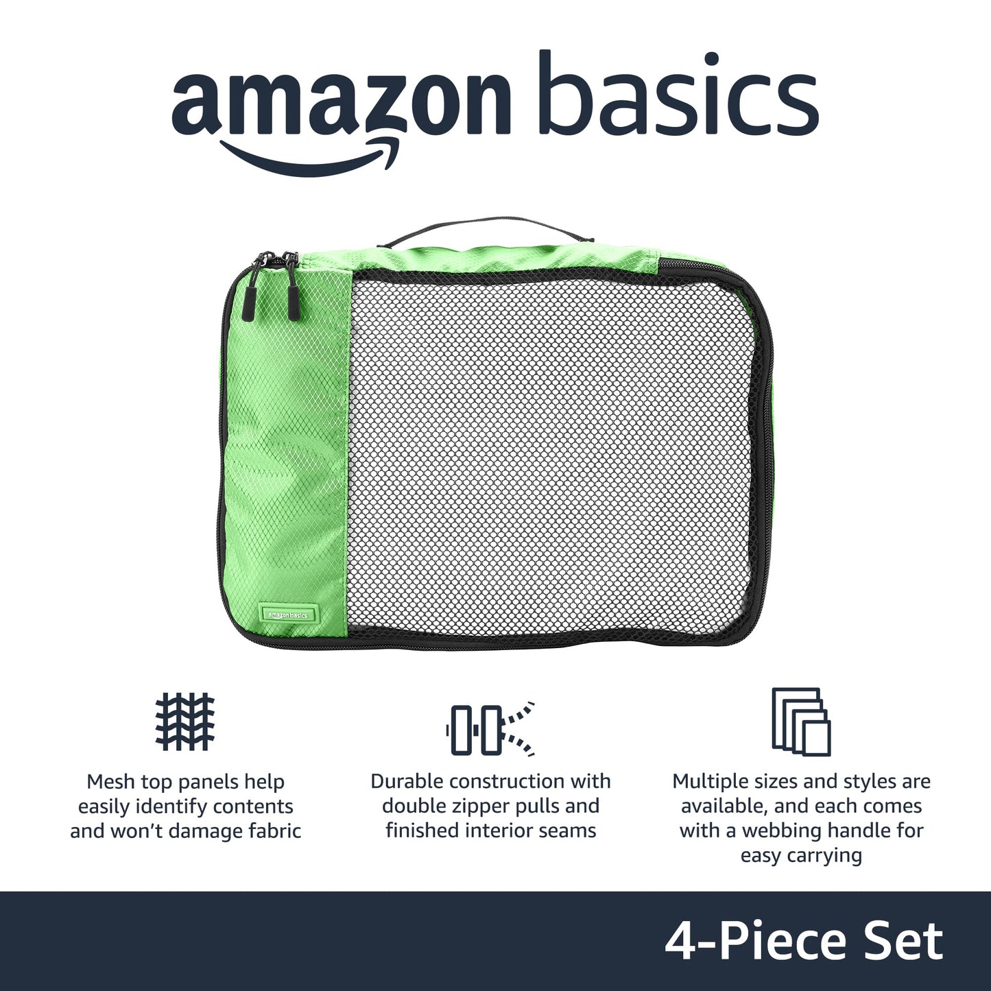 Amazon Basics Lightweight Packing Cubes for Travel, 4 Piece Set With Double Zipper Pulls and Mesh Top Panel, 100% Durable Polyester, Small, Medium, Large, and Slim, Gray